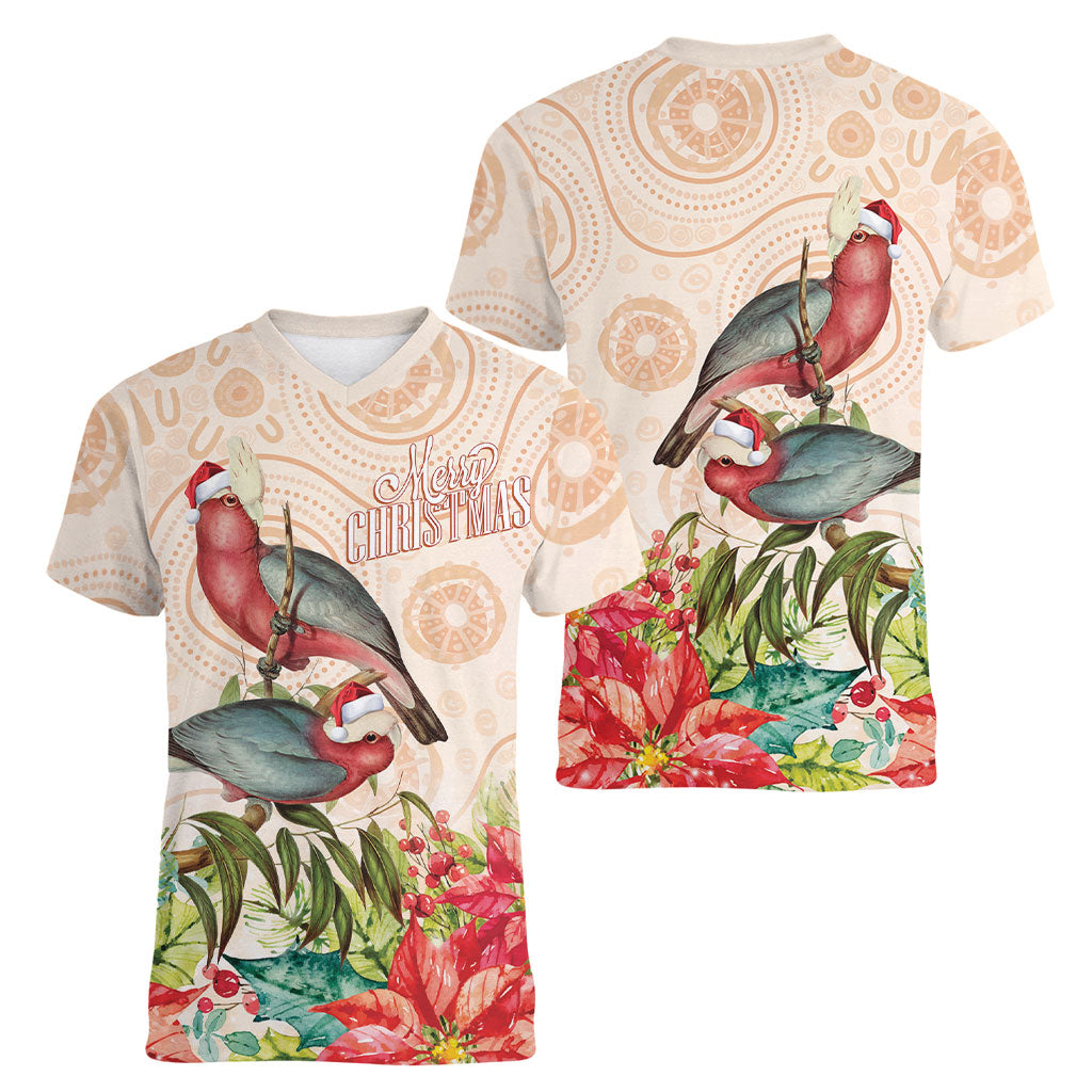 Merry Christmas Aussie Aboriginal Women V-Neck T-Shirt Rosebreasted Cockatoo Pastel