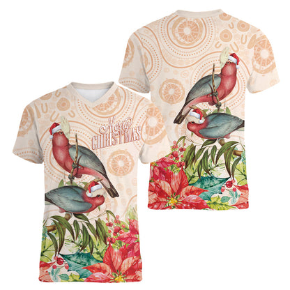 Merry Christmas Aussie Aboriginal Women V-Neck T-Shirt Rosebreasted Cockatoo Pastel