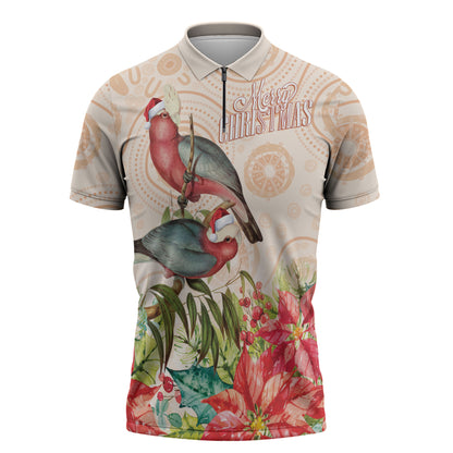 Merry Christmas Aussie Aboriginal Zipper Polo Shirt Rosebreasted Cockatoo Pastel