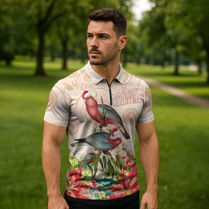Merry Christmas Aussie Aboriginal Zipper Polo Shirt Rosebreasted Cockatoo Pastel