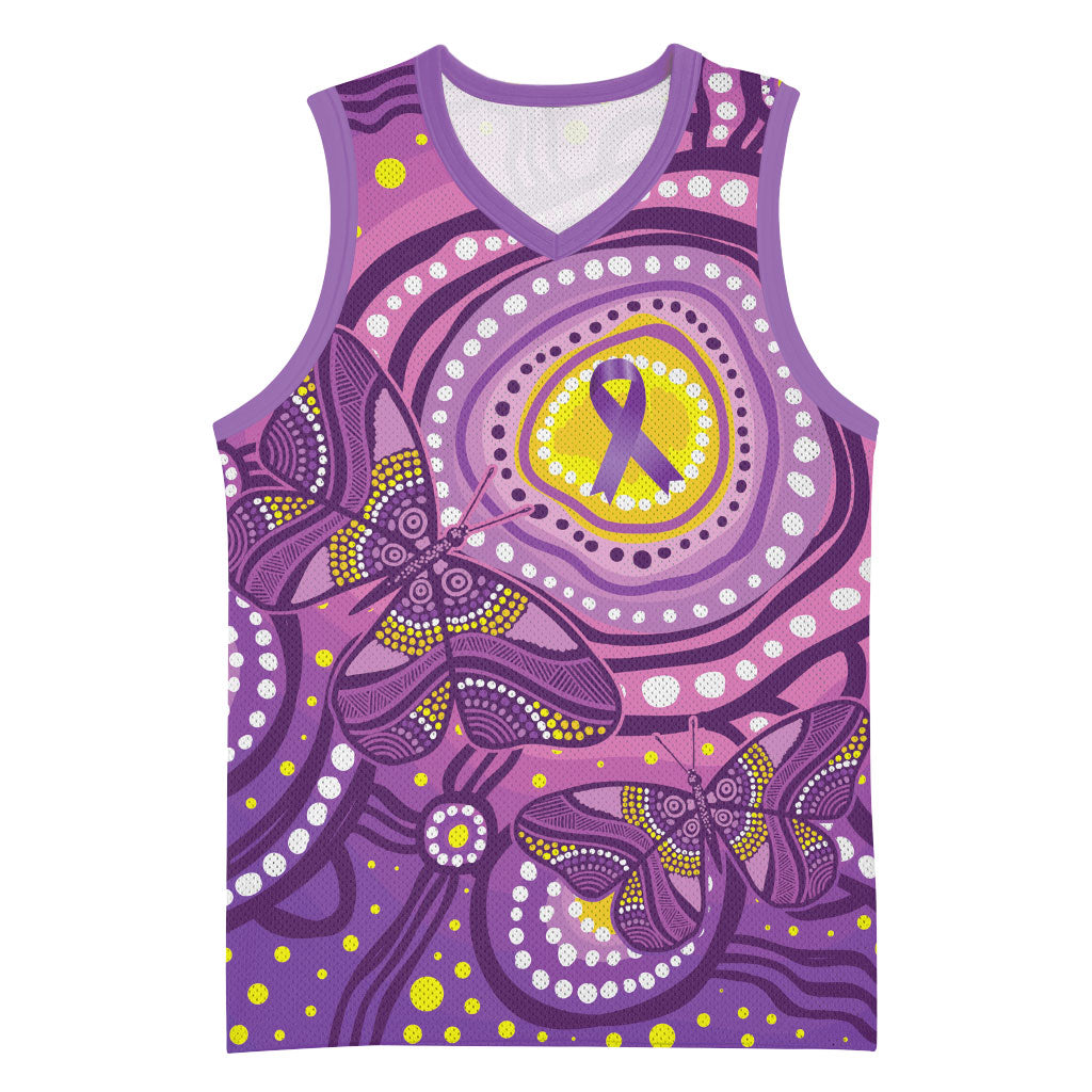 Australia Indigenous World Cancer Day Purple Aboriginal Basketball Jersey Butterfly Ribbon