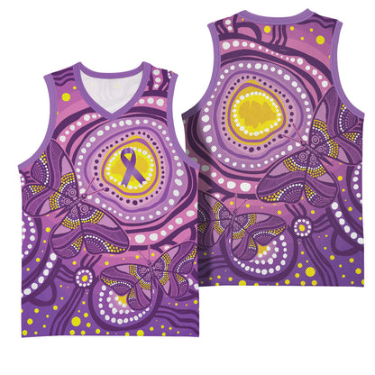 Australia Indigenous World Cancer Day Purple Aboriginal Basketball Jersey Butterfly Ribbon