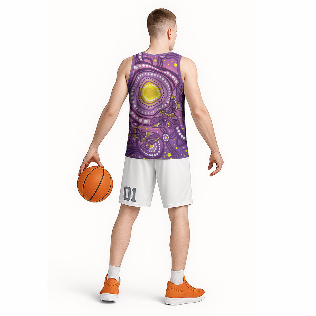 Australia Indigenous World Cancer Day Purple Aboriginal Basketball Jersey Butterfly Ribbon