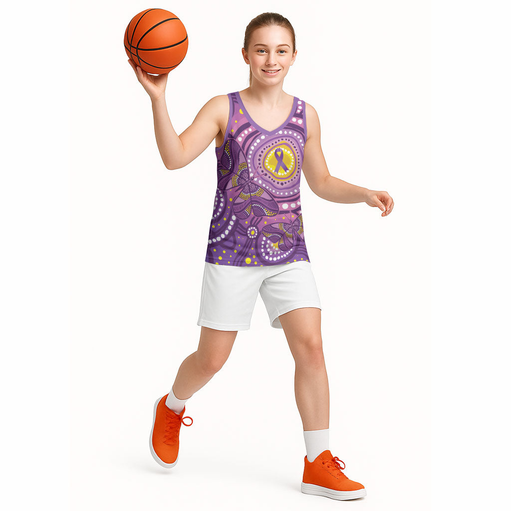Australia Indigenous World Cancer Day Purple Aboriginal Basketball Jersey Butterfly Ribbon