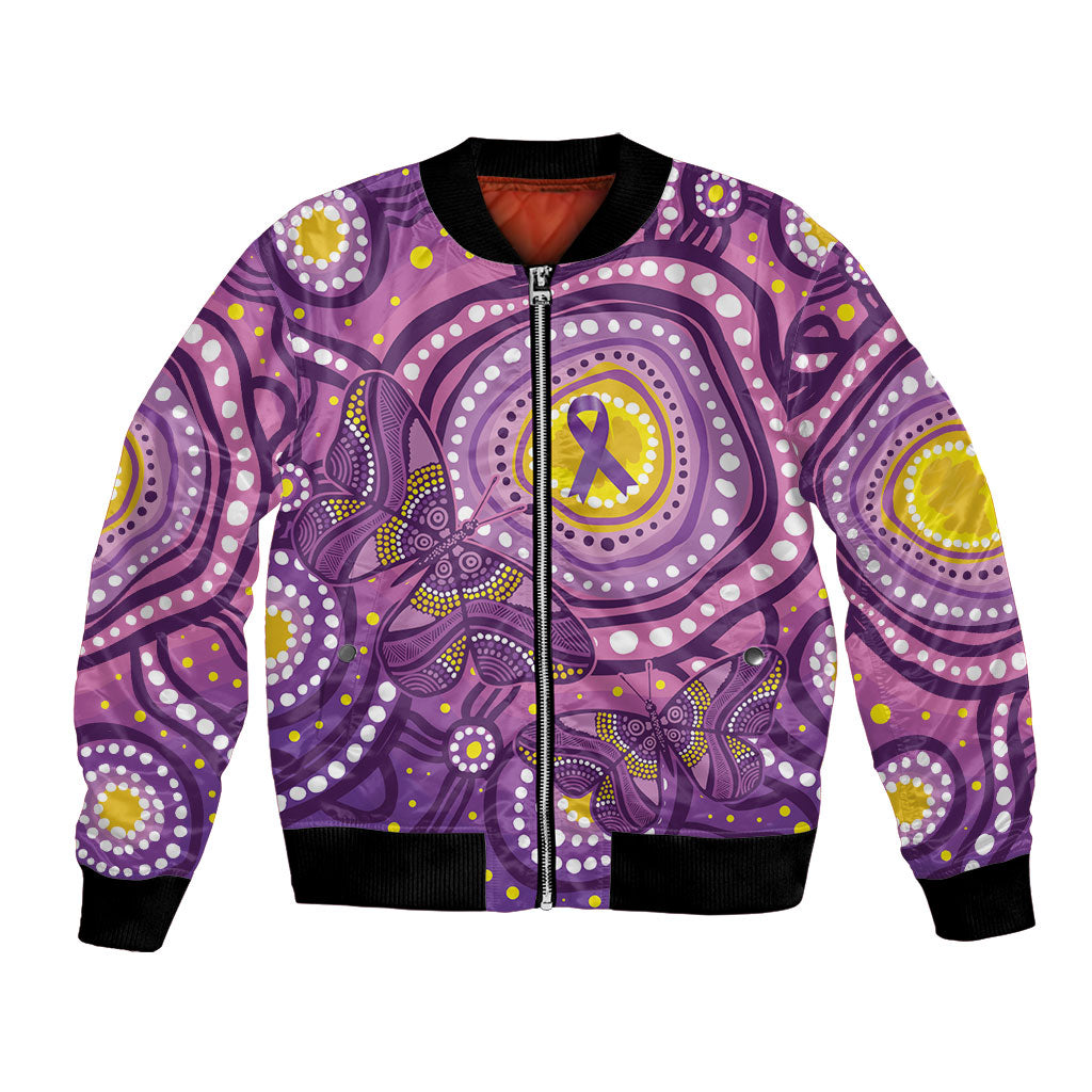 Australia Indigenous World Cancer Day Purple Aboriginal Bomber Jacket Butterfly Ribbon