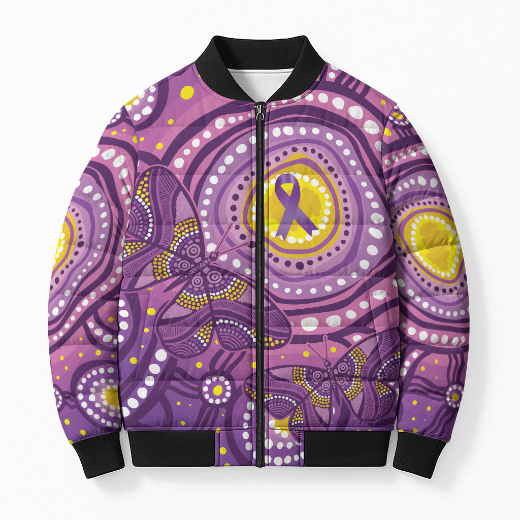 Australia Indigenous World Cancer Day Purple Aboriginal Bomber Puffer Jacket Butterfly Ribbon
