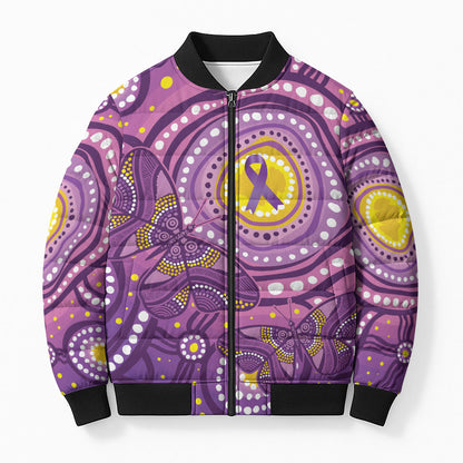 Australia Indigenous World Cancer Day Purple Aboriginal Bomber Puffer Jacket Butterfly Ribbon