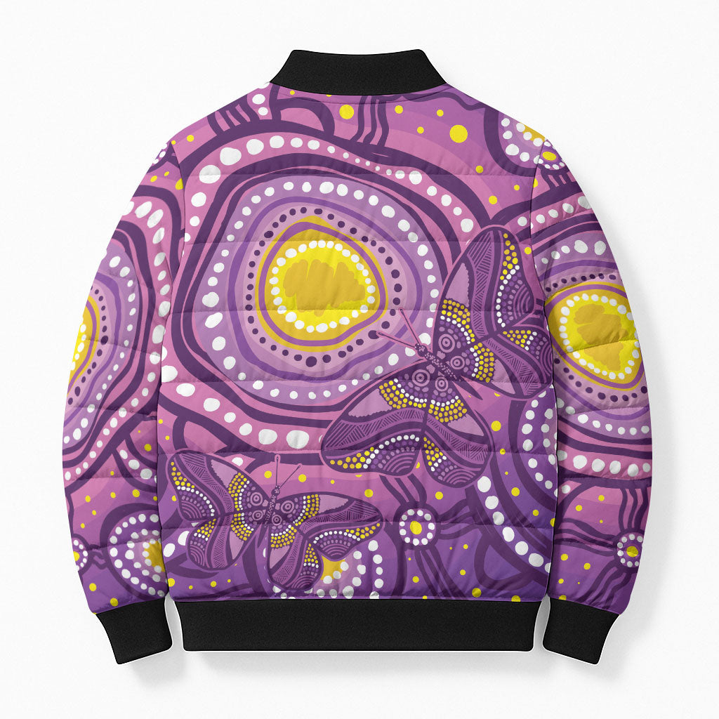 Australia Indigenous World Cancer Day Purple Aboriginal Bomber Puffer Jacket Butterfly Ribbon