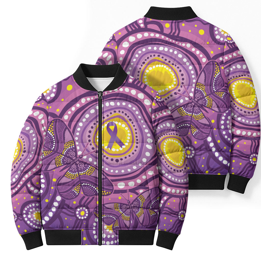 Australia Indigenous World Cancer Day Purple Aboriginal Bomber Puffer Jacket Butterfly Ribbon
