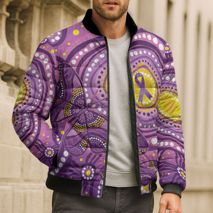 Australia Indigenous World Cancer Day Purple Aboriginal Bomber Puffer Jacket Butterfly Ribbon