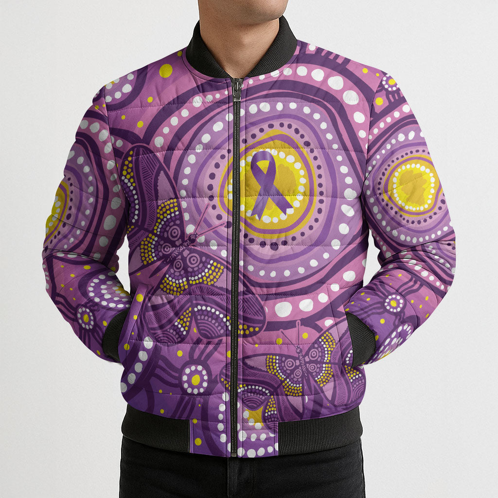 Australia Indigenous World Cancer Day Purple Aboriginal Bomber Puffer Jacket Butterfly Ribbon