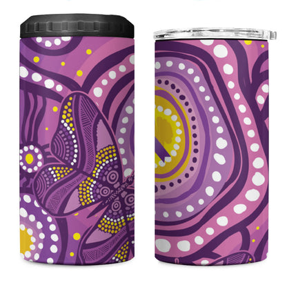 Australia Indigenous World Cancer Day Purple Aboriginal 4 in 1 Can Cooler Tumbler Butterfly Ribbon