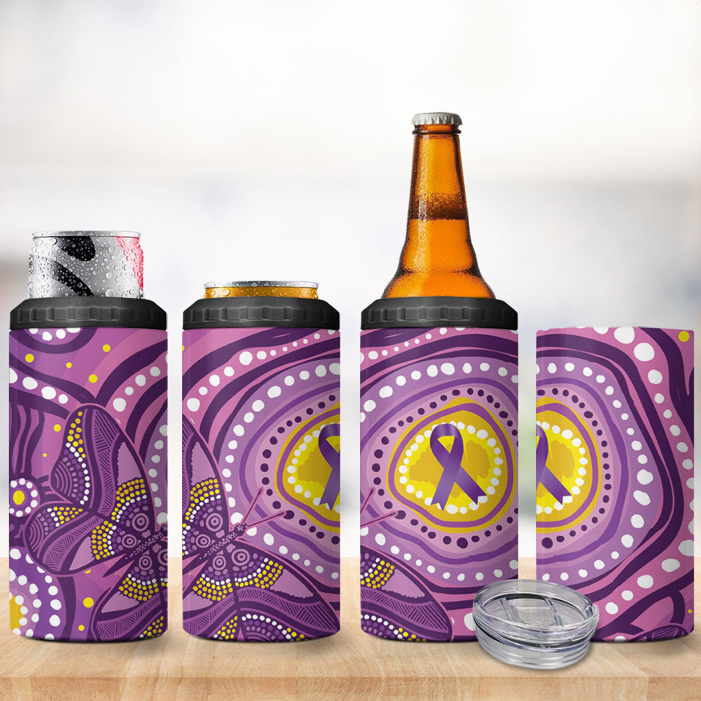 Australia Indigenous World Cancer Day Purple Aboriginal 4 in 1 Can Cooler Tumbler Butterfly Ribbon