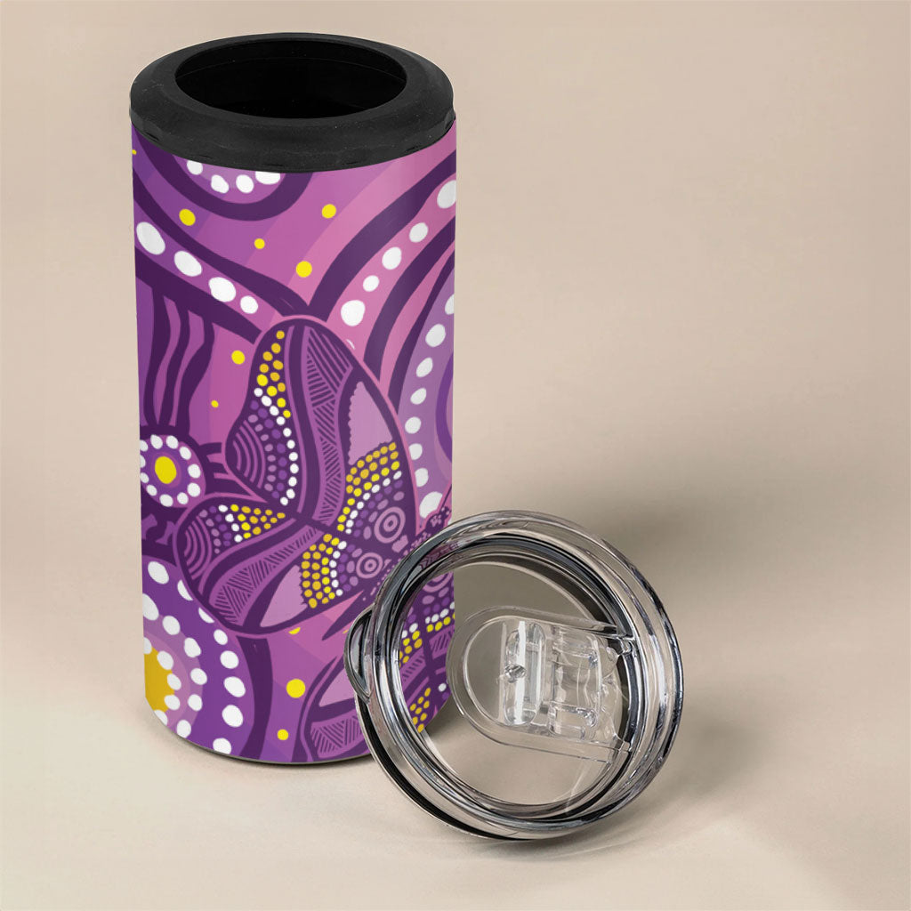 Australia Indigenous World Cancer Day Purple Aboriginal 4 in 1 Can Cooler Tumbler Butterfly Ribbon