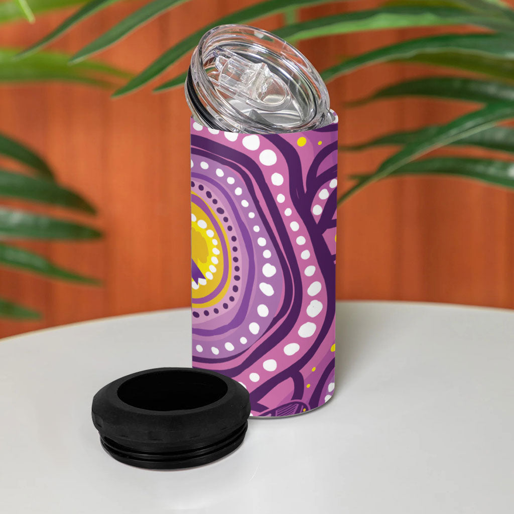 Australia Indigenous World Cancer Day Purple Aboriginal 4 in 1 Can Cooler Tumbler Butterfly Ribbon