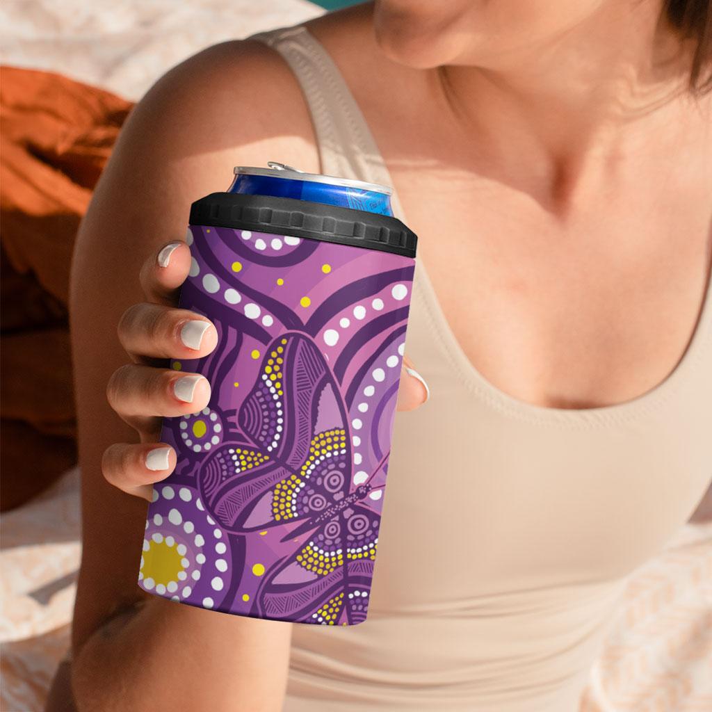 Australia Indigenous World Cancer Day Purple Aboriginal 4 in 1 Can Cooler Tumbler Butterfly Ribbon