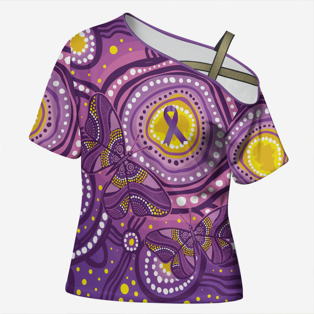 Australia Indigenous World Cancer Day Purple Aboriginal Cross Shoulder Shirt Butterfly Ribbon