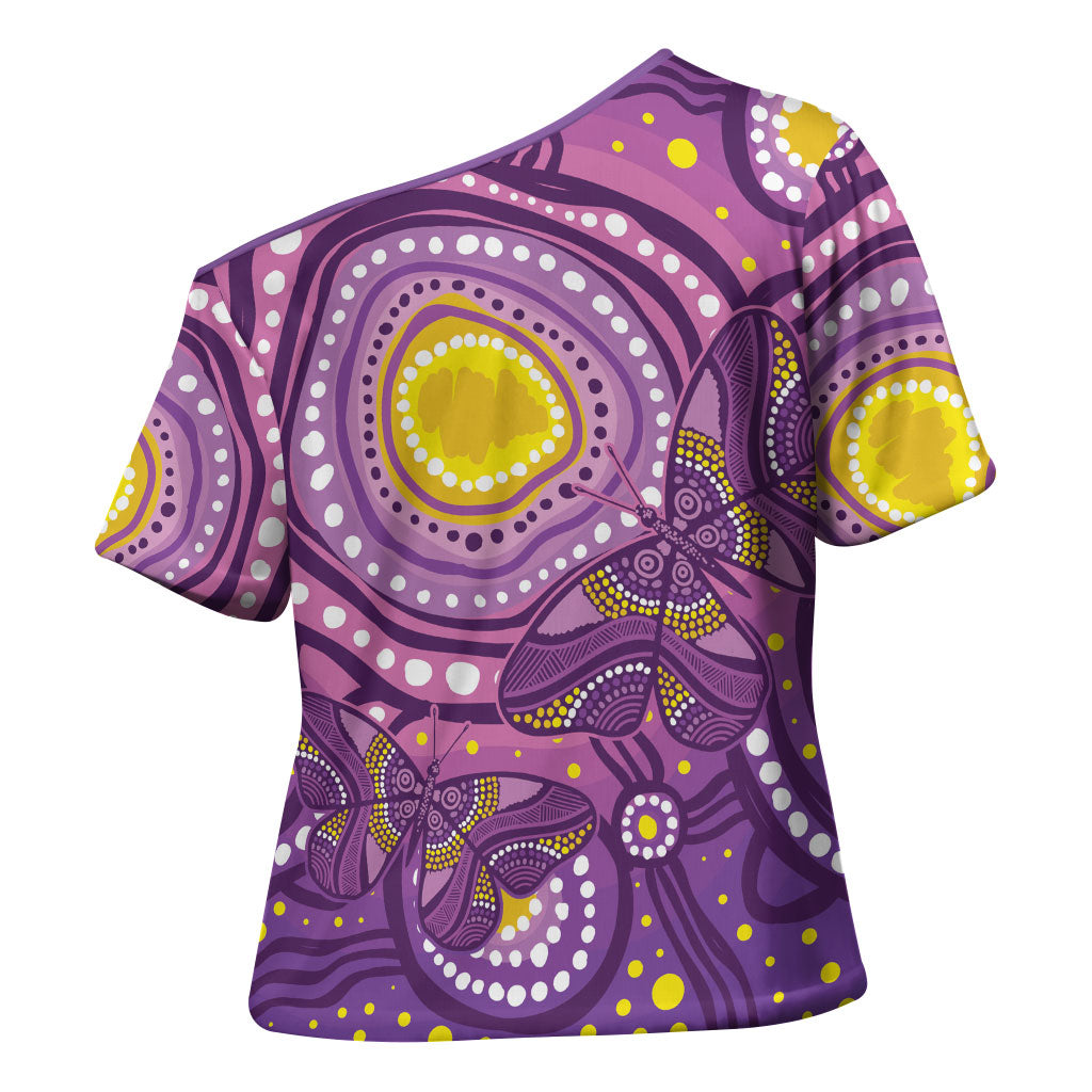 Australia Indigenous World Cancer Day Purple Aboriginal Cross Shoulder Shirt Butterfly Ribbon