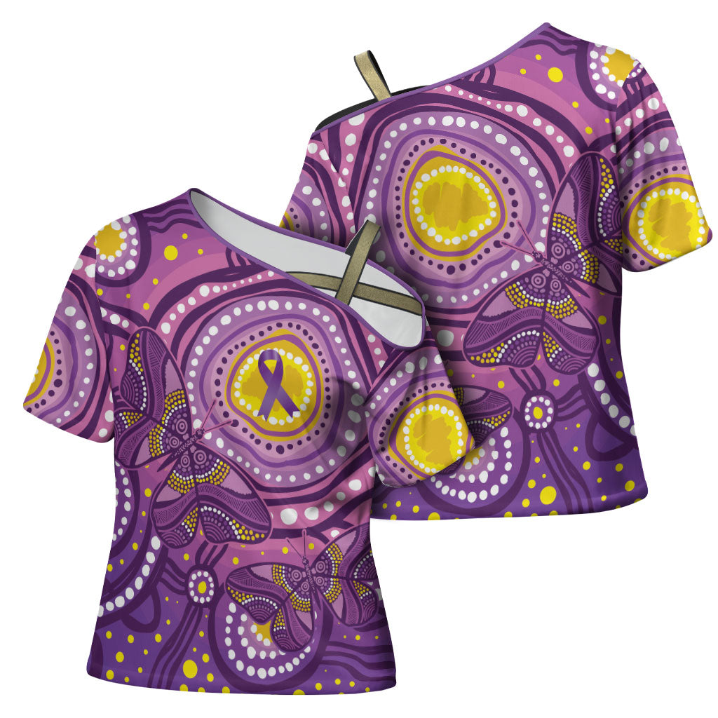 Australia Indigenous World Cancer Day Purple Aboriginal Cross Shoulder Shirt Butterfly Ribbon