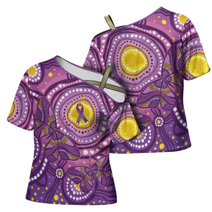 Australia Indigenous World Cancer Day Purple Aboriginal Cross Shoulder Shirt Butterfly Ribbon