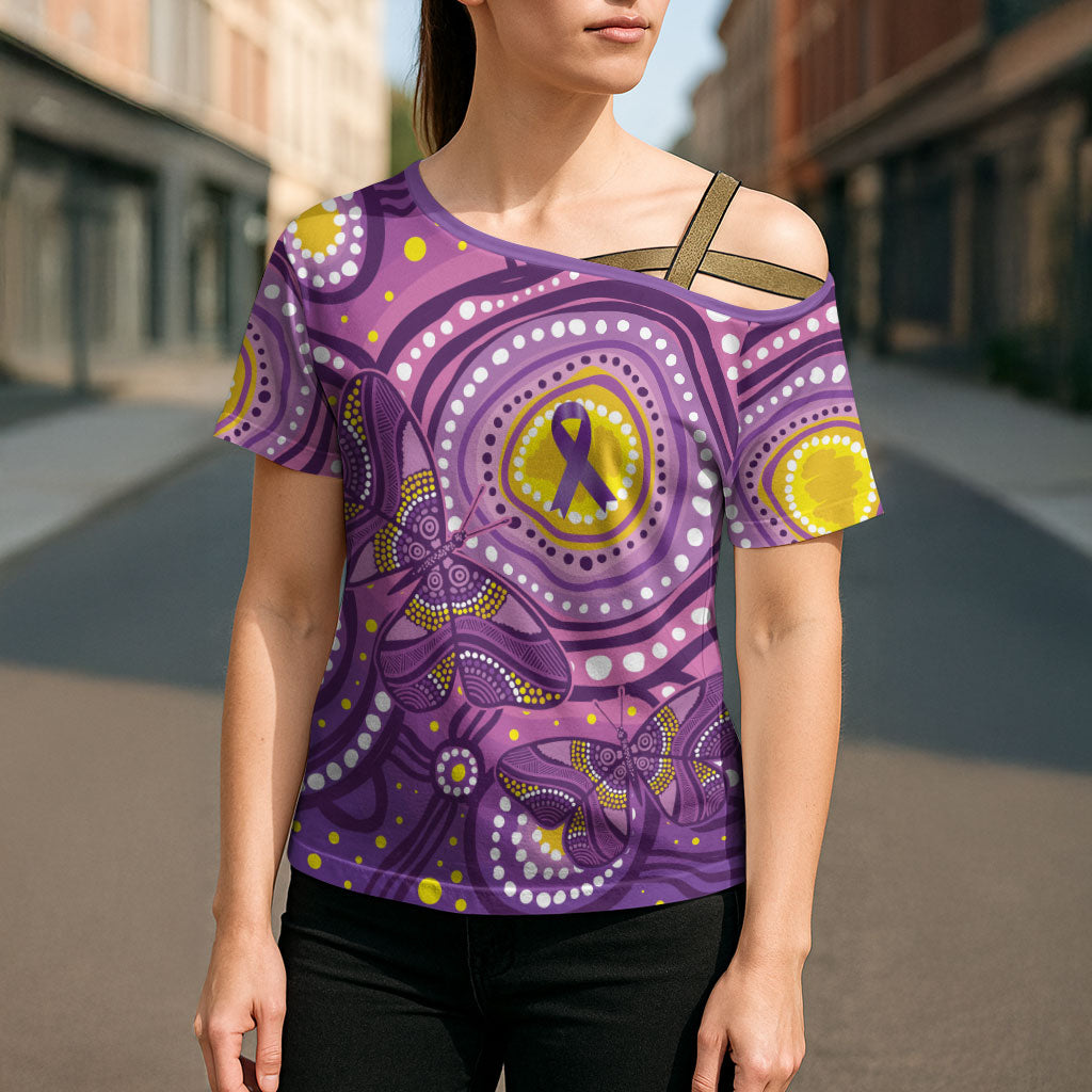 Australia Indigenous World Cancer Day Purple Aboriginal Cross Shoulder Shirt Butterfly Ribbon