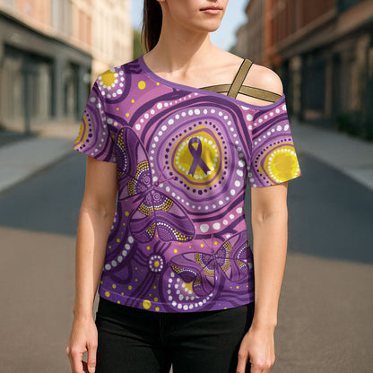 Australia Indigenous World Cancer Day Purple Aboriginal Cross Shoulder Shirt Butterfly Ribbon