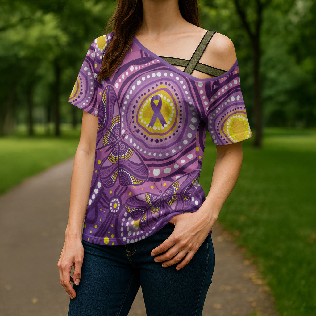 Australia Indigenous World Cancer Day Purple Aboriginal Cross Shoulder Shirt Butterfly Ribbon