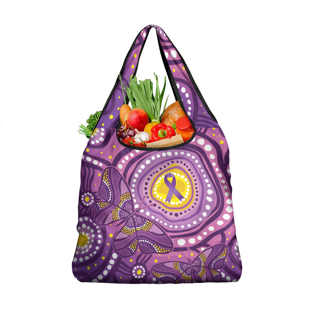 Australia Indigenous World Cancer Day Purple Aboriginal Grocery Bag Butterfly Ribbon
