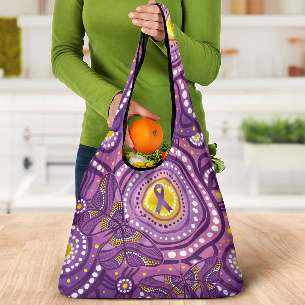 Australia Indigenous World Cancer Day Purple Aboriginal Grocery Bag Butterfly Ribbon