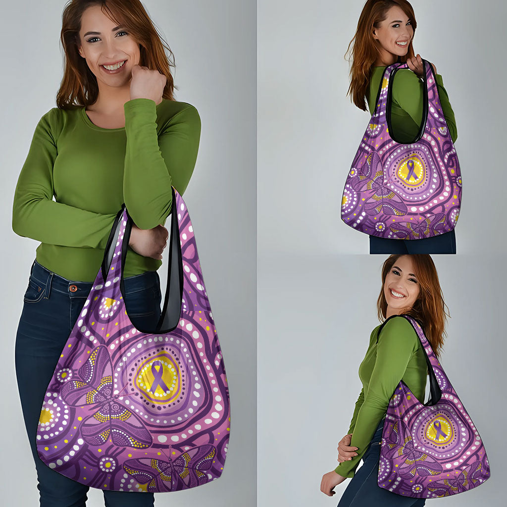 Australia Indigenous World Cancer Day Purple Aboriginal Grocery Bag Butterfly Ribbon