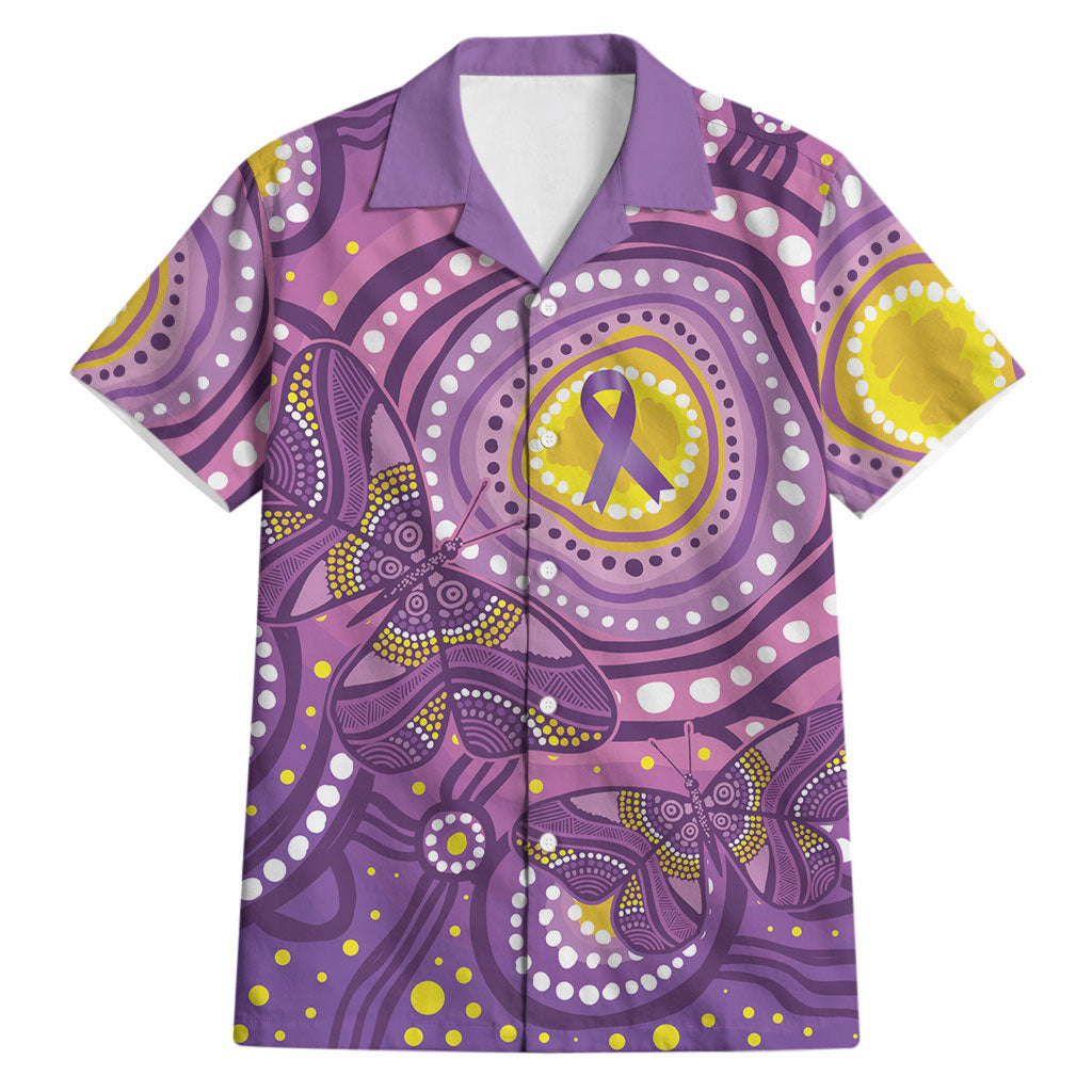 Australia Indigenous World Cancer Day Purple Aboriginal Hawaiian Shirt Butterfly Ribbon