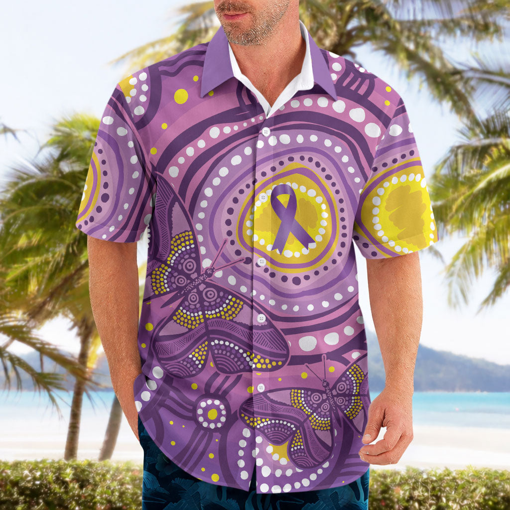 Australia Indigenous World Cancer Day Purple Aboriginal Hawaiian Shirt Butterfly Ribbon