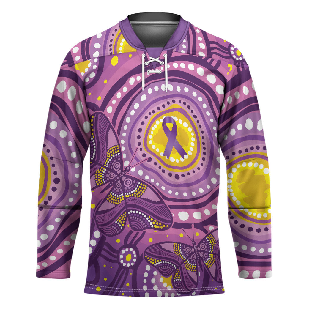 Australia Indigenous World Cancer Day Purple Aboriginal Hockey Jersey Butterfly Ribbon
