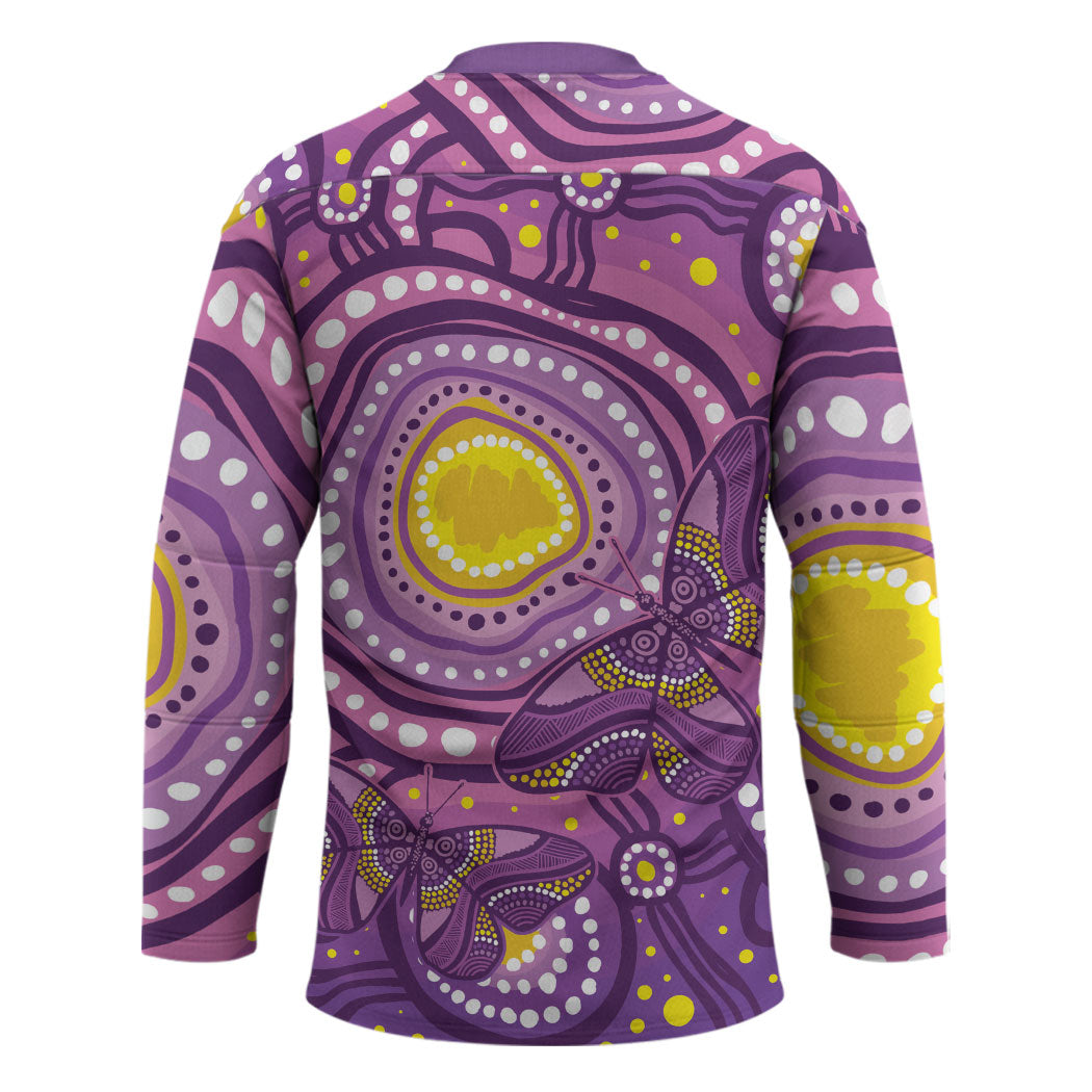 Australia Indigenous World Cancer Day Purple Aboriginal Hockey Jersey Butterfly Ribbon