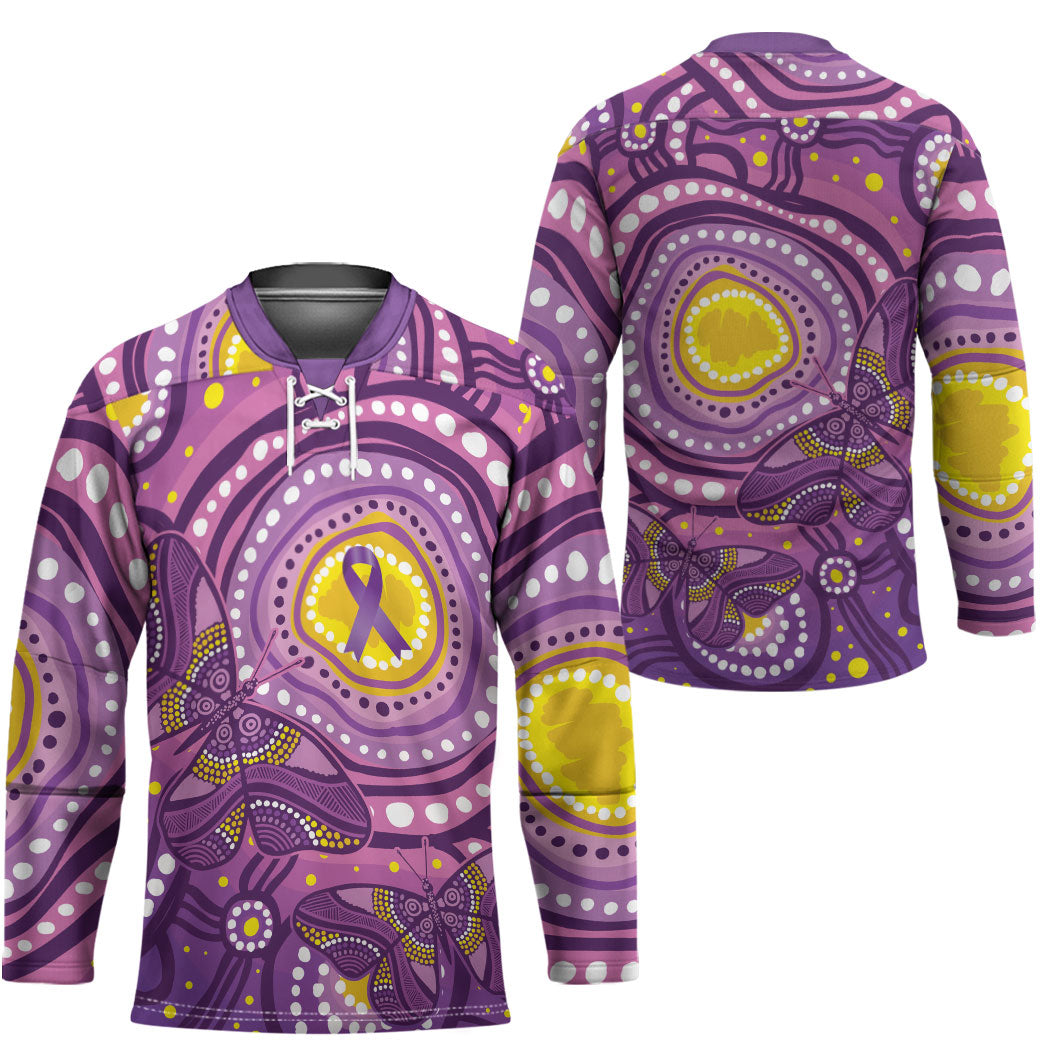 Australia Indigenous World Cancer Day Purple Aboriginal Hockey Jersey Butterfly Ribbon