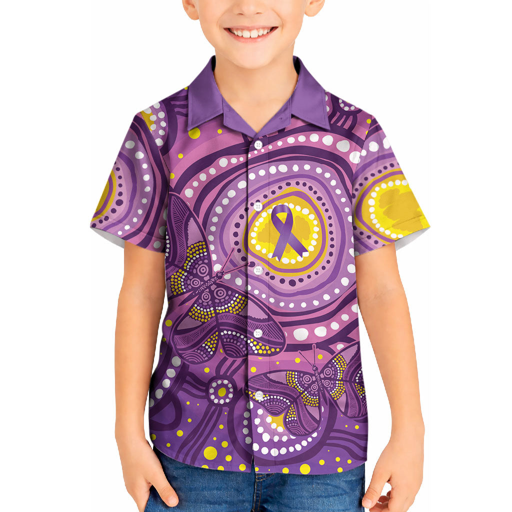 Australia Indigenous World Cancer Day Purple Aboriginal Kid Hawaiian Shirt Butterfly Ribbon