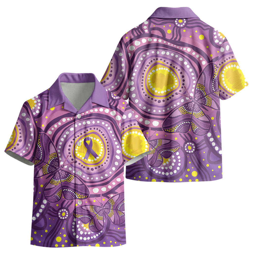 Australia Indigenous World Cancer Day Purple Aboriginal Kid Hawaiian Shirt Butterfly Ribbon