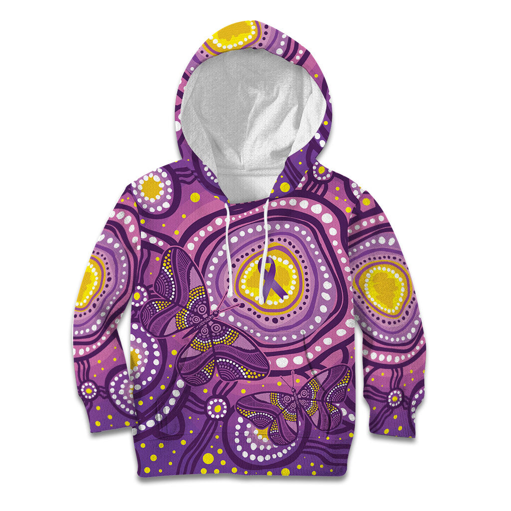 Australia Indigenous World Cancer Day Purple Aboriginal Kid Hoodie Butterfly Ribbon