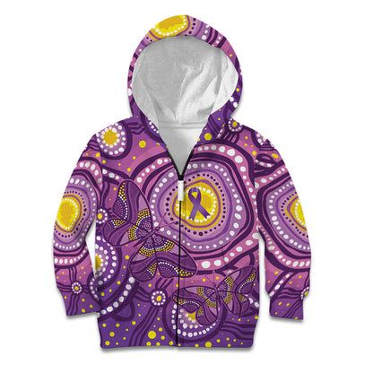 Australia Indigenous World Cancer Day Purple Aboriginal Kid Hoodie Butterfly Ribbon