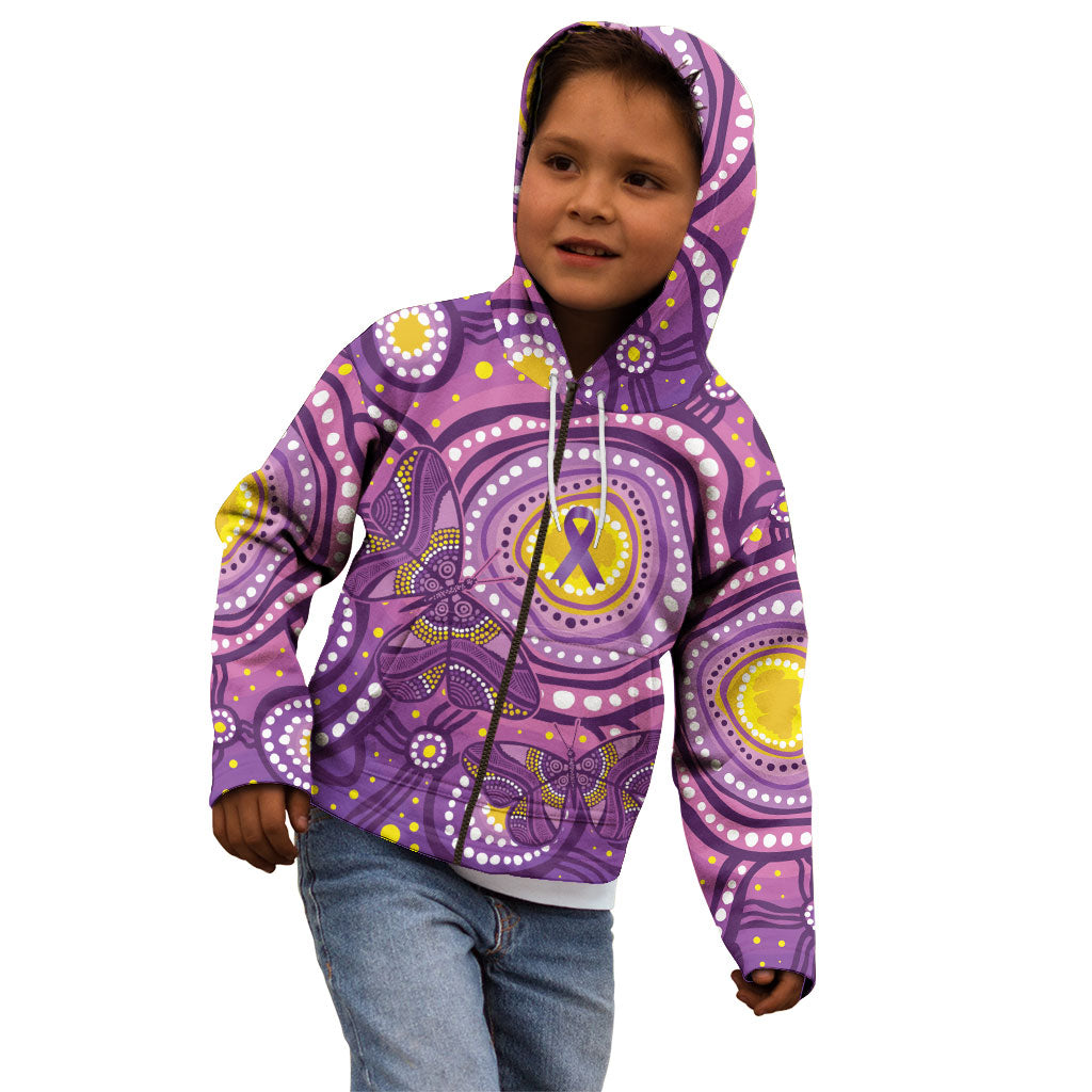 Australia Indigenous World Cancer Day Purple Aboriginal Kid Hoodie Butterfly Ribbon