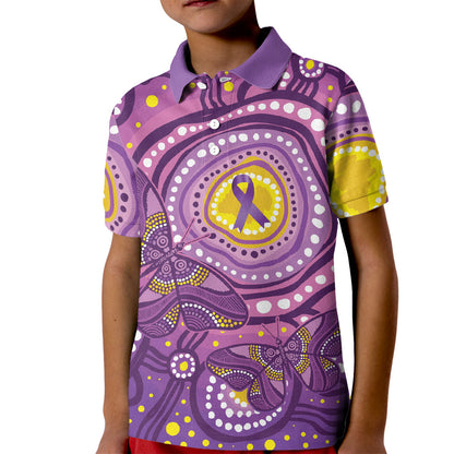 Australia Indigenous World Cancer Day Purple Aboriginal Kid Polo Shirt Butterfly Ribbon