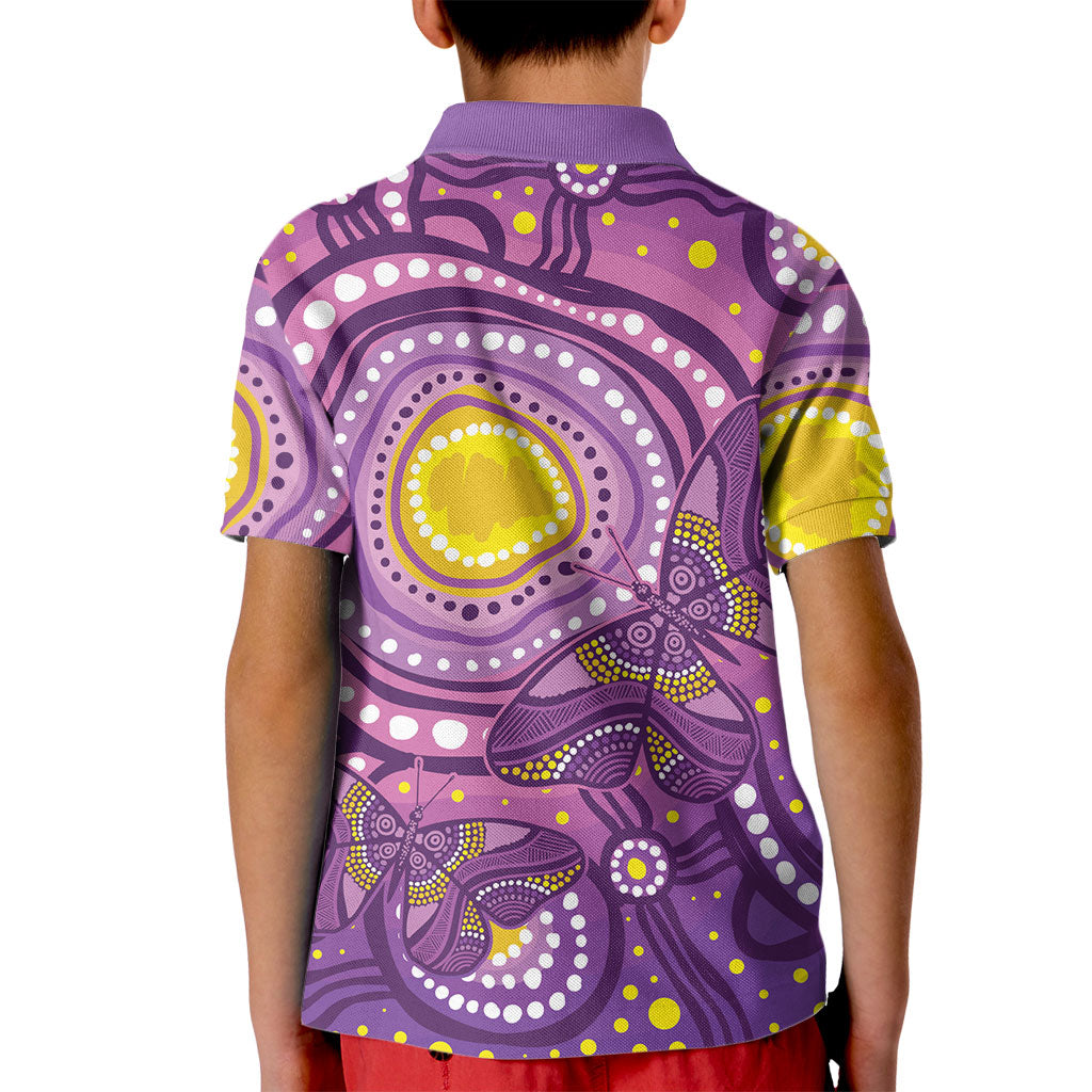 Australia Indigenous World Cancer Day Purple Aboriginal Kid Polo Shirt Butterfly Ribbon