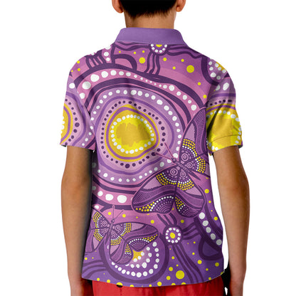 Australia Indigenous World Cancer Day Purple Aboriginal Kid Polo Shirt Butterfly Ribbon