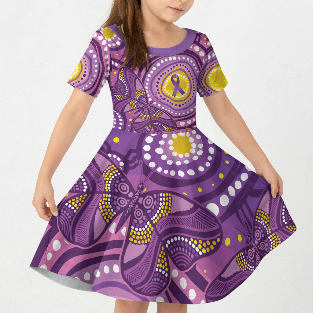 Australia Indigenous World Cancer Day Purple Aboriginal Kid Short Sleeve Dress Butterfly Ribbon