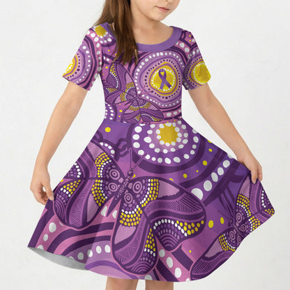 Australia Indigenous World Cancer Day Purple Aboriginal Kid Short Sleeve Dress Butterfly Ribbon