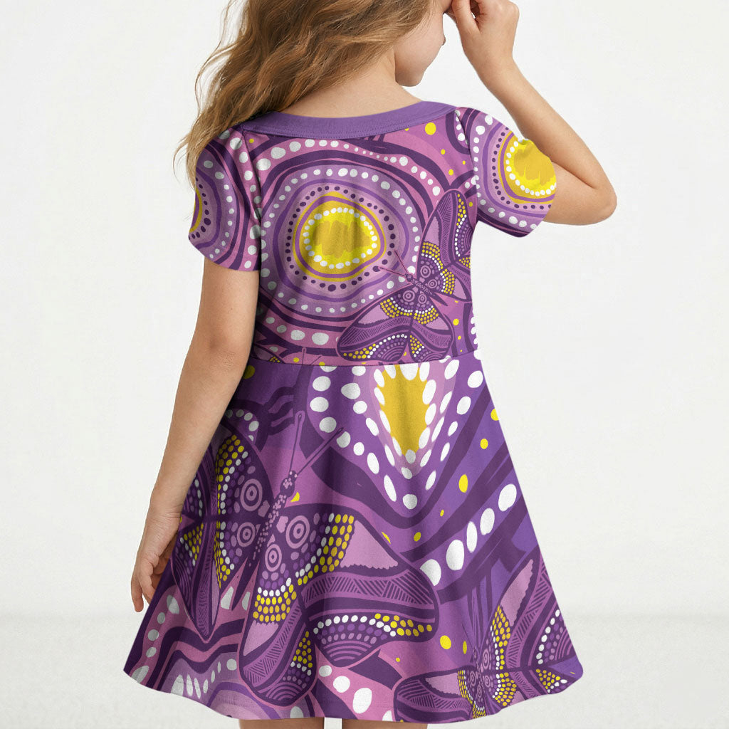 Australia Indigenous World Cancer Day Purple Aboriginal Kid Short Sleeve Dress Butterfly Ribbon