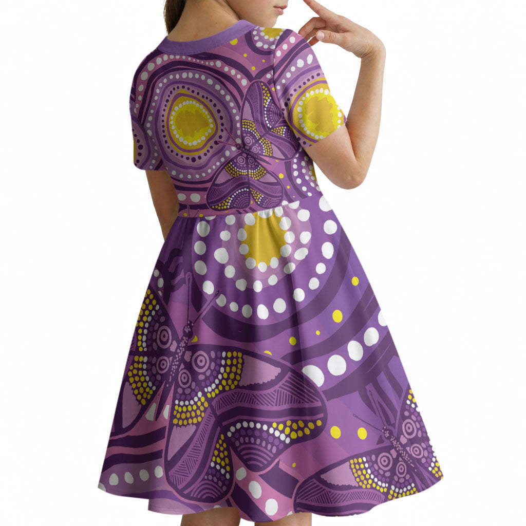 Australia Indigenous World Cancer Day Purple Aboriginal Kid Short Sleeve Dress Butterfly Ribbon