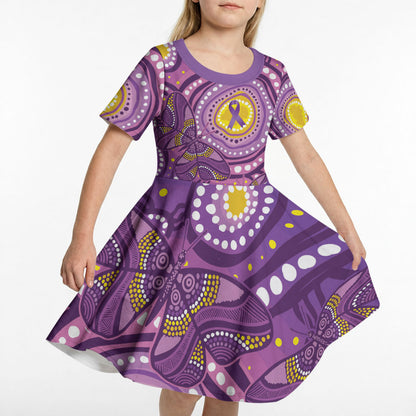 Australia Indigenous World Cancer Day Purple Aboriginal Kid Short Sleeve Dress Butterfly Ribbon
