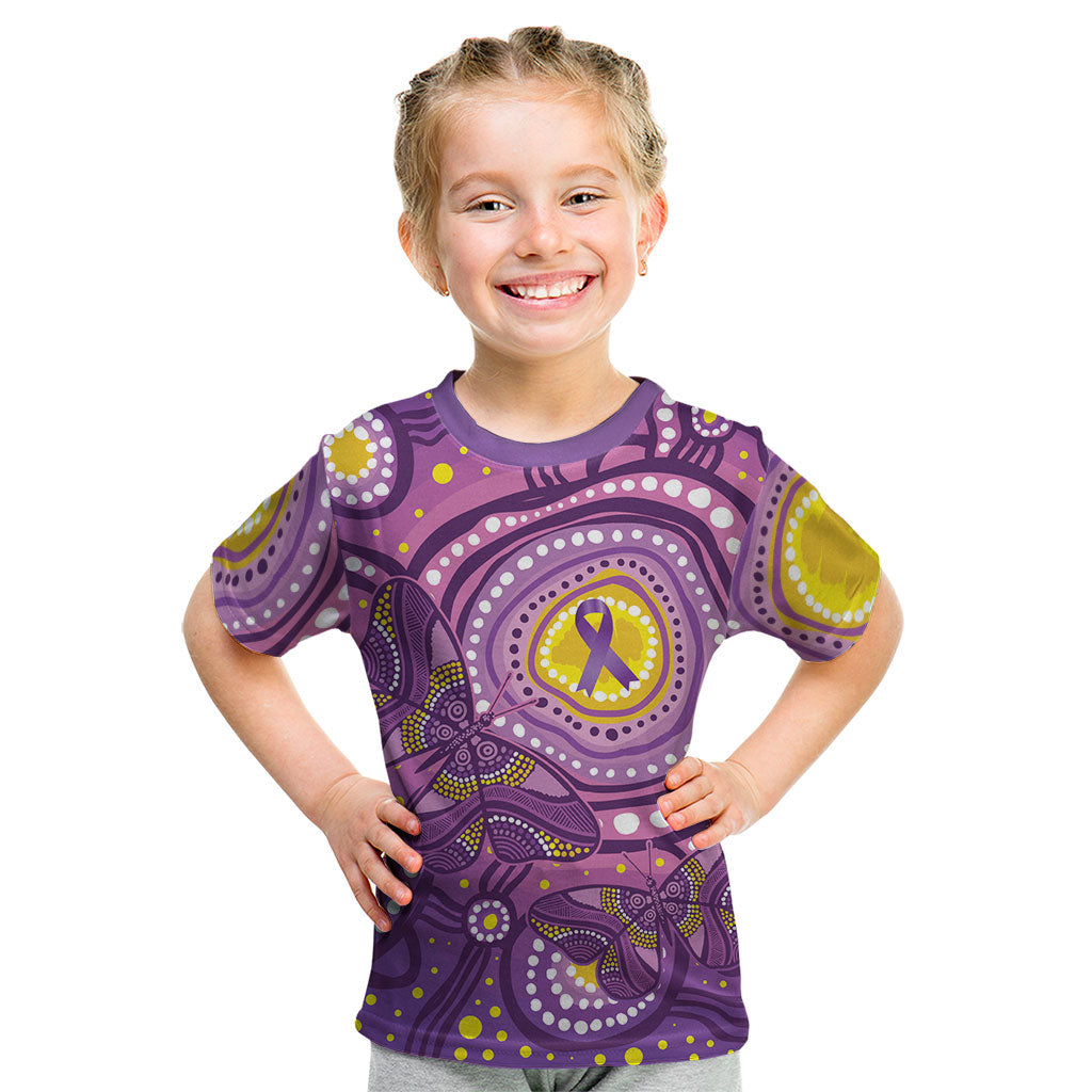 Australia Indigenous World Cancer Day Purple Aboriginal Kid T Shirt Butterfly Ribbon