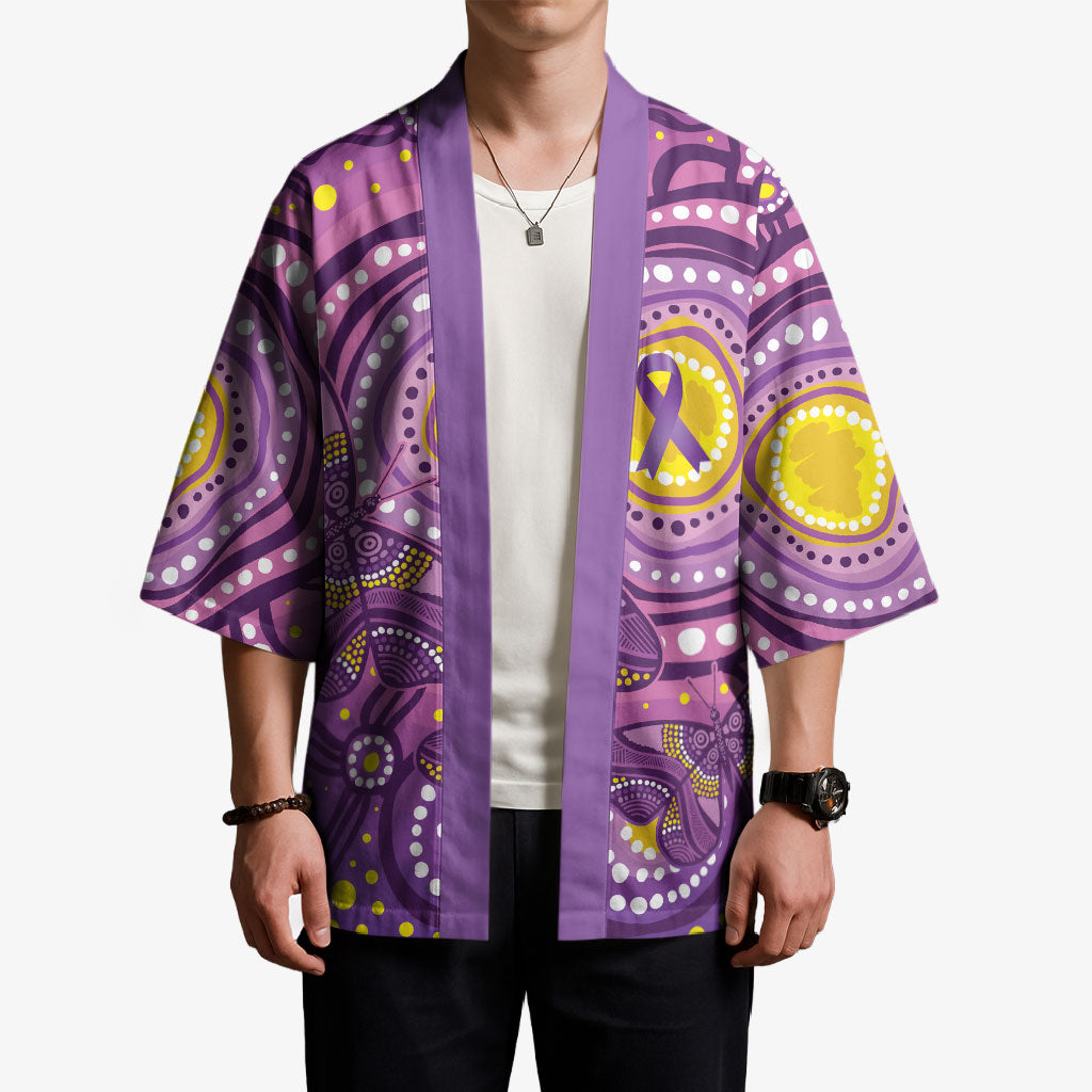 Australia Indigenous World Cancer Day Purple Aboriginal Kimono Butterfly Ribbon